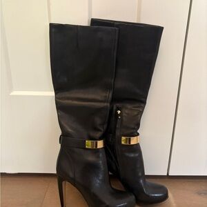 Sam Edelman Black Heeled Boots with Gold Accent